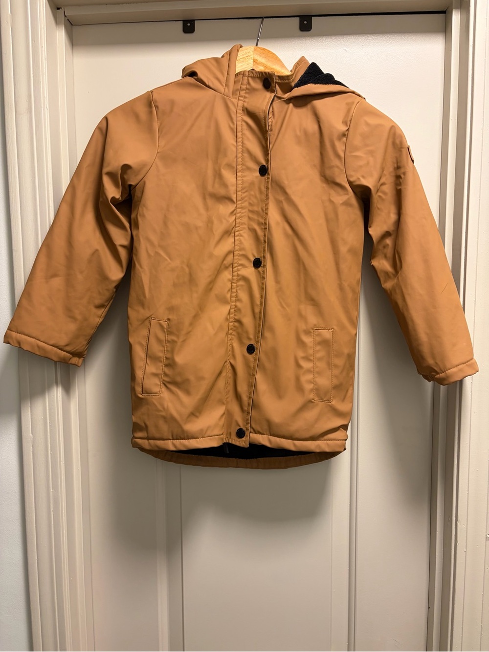 Hunter Kids Faux Leather Fleece-Lined Hooded Jacket | Size 7 | Camel/Tan
